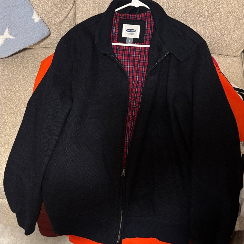 Old Navy Black Bomber Jacket with Red Plaid Lining